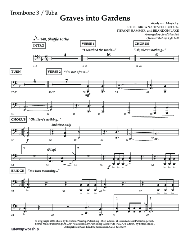 Graves Into Gardens (Choral Anthem SATB) Trombone 3/Tuba (Lifeway Choral / Arr. Jared Haschek / Orch. Kyle Hill)