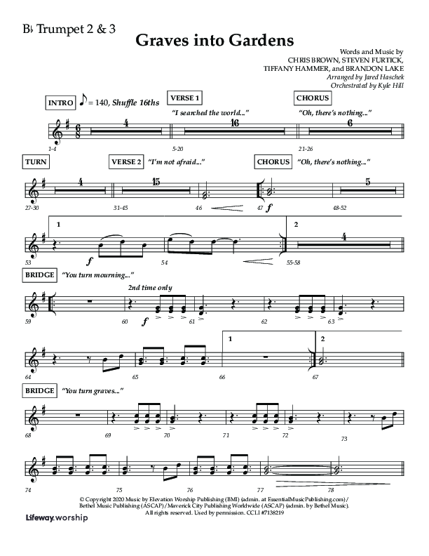 Graves Into Gardens (Choral Anthem SATB) Trumpet 2/3 (Lifeway Choral / Arr. Jared Haschek / Orch. Kyle Hill)
