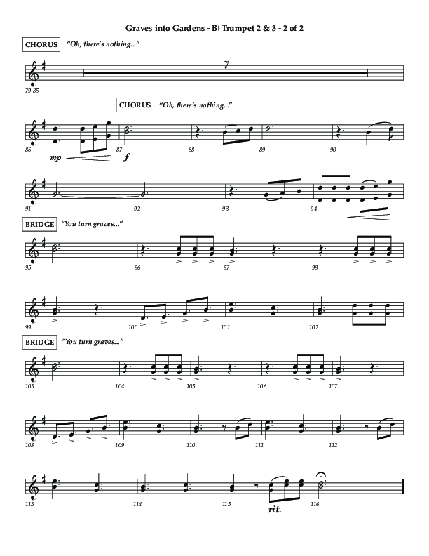 Graves Into Gardens (Choral Anthem SATB) Trumpet 2/3 (Lifeway Choral / Arr. Jared Haschek / Orch. Kyle Hill)