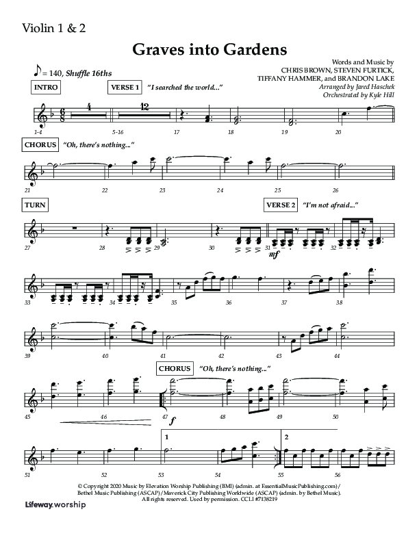 Graves Into Gardens (Choral Anthem SATB) Violin 1/2 (Lifeway Choral / Arr. Jared Haschek / Orch. Kyle Hill)