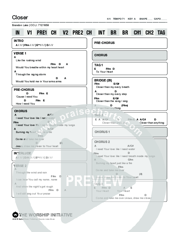 Closer Chord Chart (The Worship Initiative / Hannah Boatner)