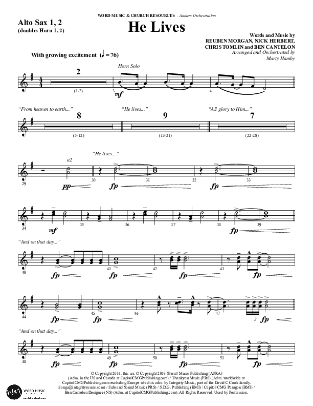He Lives (Choral Anthem SATB) Alto Sax 1/2 (Word Music Choral / Arr. Marty Hamby)