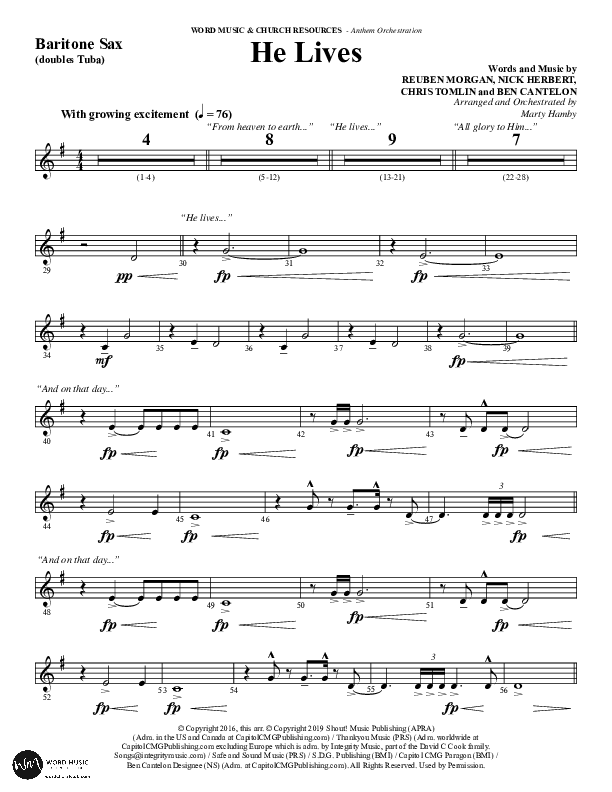 He Lives (Choral Anthem SATB) Bari Sax (Word Music Choral / Arr. Marty Hamby)
