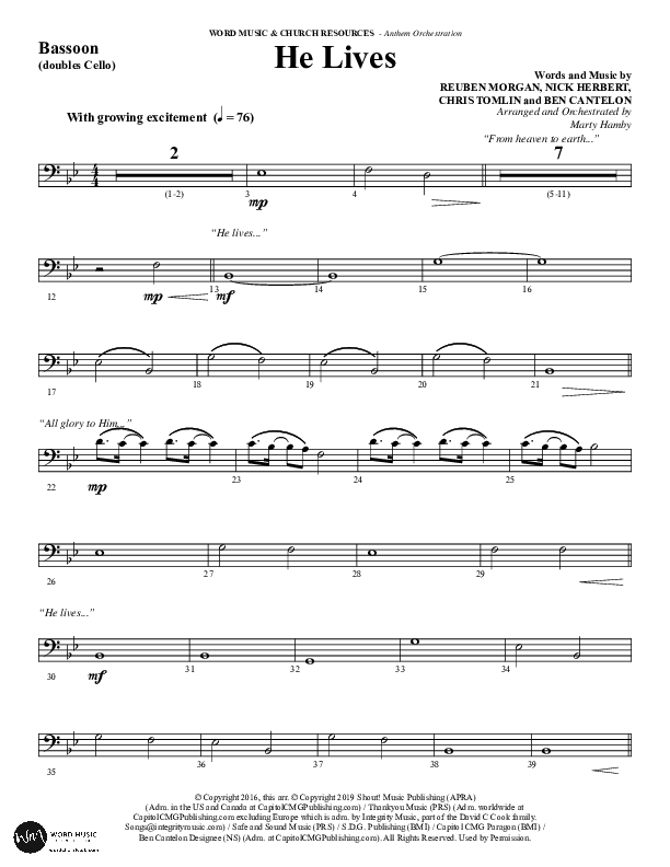 He Lives (Choral Anthem SATB) Bassoon (Word Music Choral / Arr. Marty Hamby)