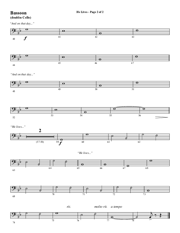 He Lives (Choral Anthem SATB) Bassoon (Word Music Choral / Arr. Marty Hamby)