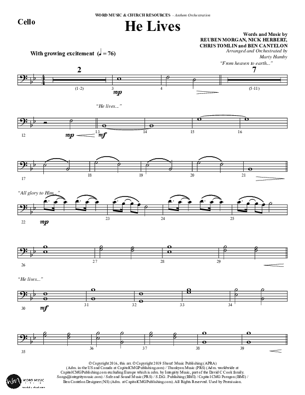 He Lives (Choral Anthem SATB) Cello (Word Music Choral / Arr. Marty Hamby)