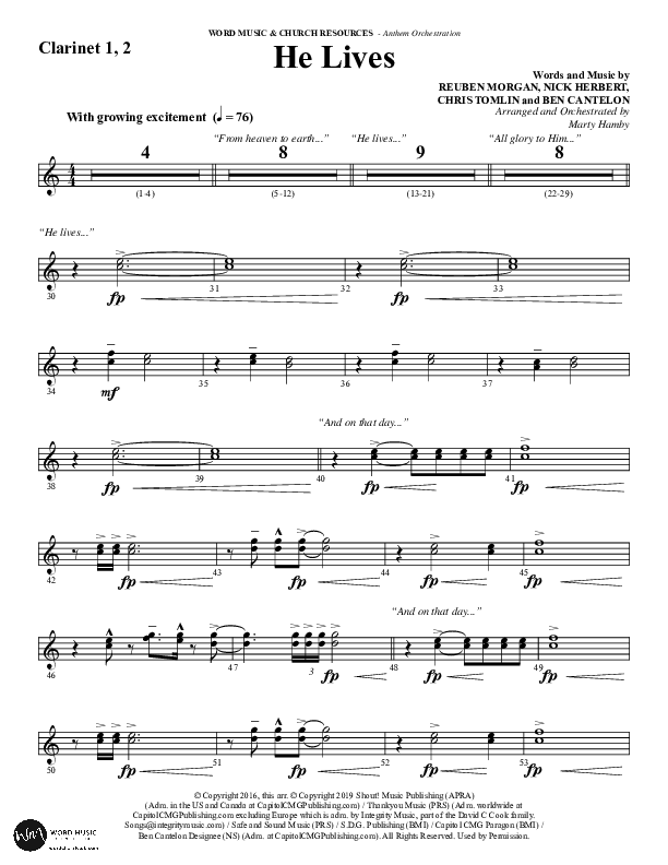 He Lives (Choral Anthem SATB) Clarinet 1/2 (Word Music Choral / Arr. Marty Hamby)