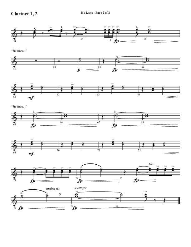 He Lives (Choral Anthem SATB) Clarinet 1/2 (Word Music Choral / Arr. Marty Hamby)