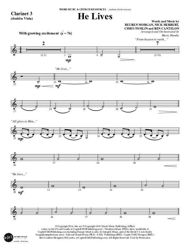 He Lives (Choral Anthem SATB) Clarinet 3 (Word Music Choral / Arr. Marty Hamby)
