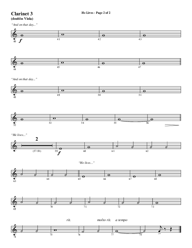 He Lives (Choral Anthem SATB) Clarinet 3 (Word Music Choral / Arr. Marty Hamby)