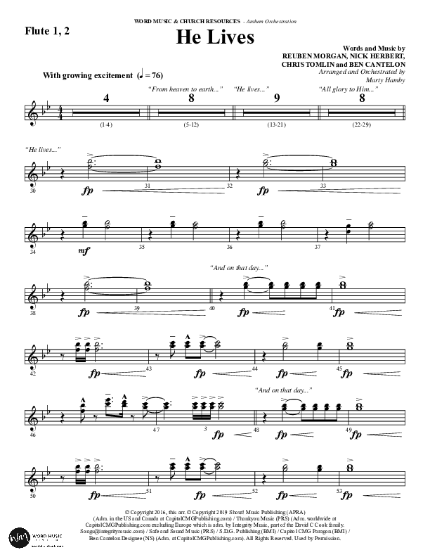 He Lives (Choral Anthem SATB) Flute 1/2 (Word Music Choral / Arr. Marty Hamby)