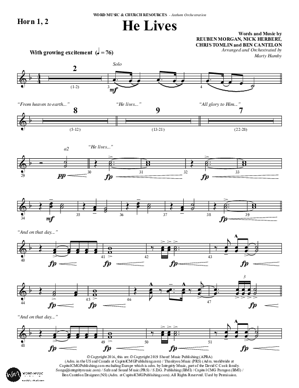 He Lives (Choral Anthem SATB) French Horn 1/2 (Word Music Choral / Arr. Marty Hamby)