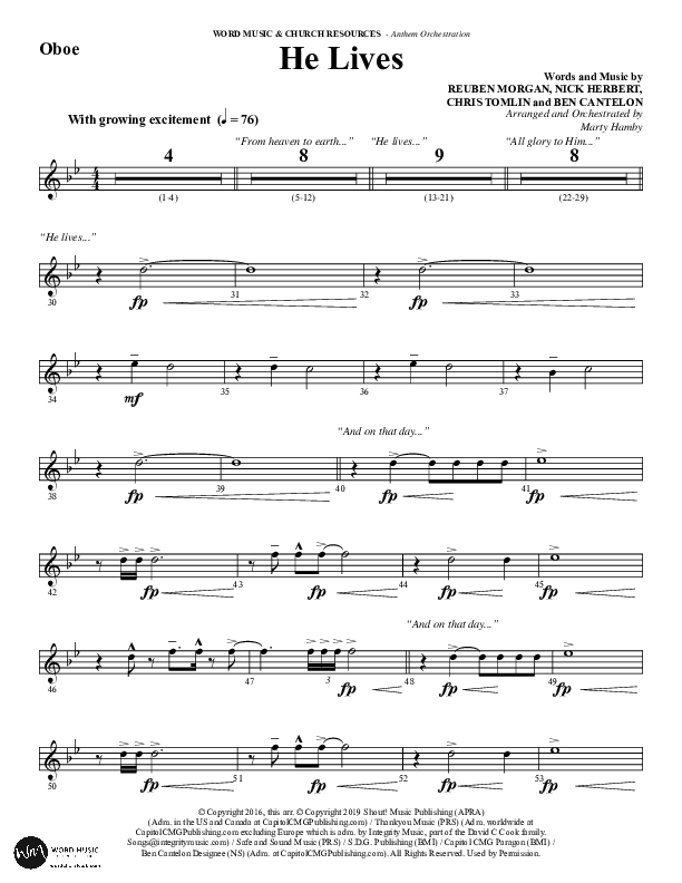 He Lives (Choral Anthem SATB) Oboe (Word Music Choral / Arr. Marty Hamby)