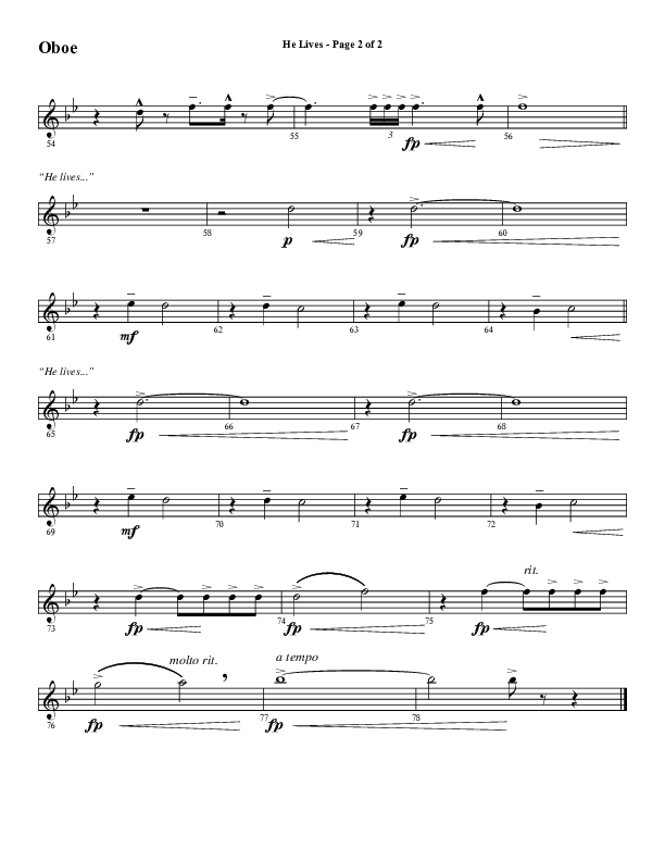He Lives (Choral Anthem SATB) Oboe (Word Music Choral / Arr. Marty Hamby)