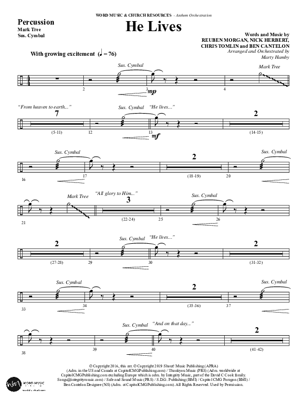 He Lives (Choral Anthem SATB) Percussion (Word Music Choral / Arr. Marty Hamby)