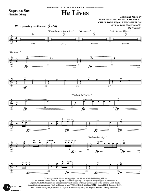 He Lives (Choral Anthem SATB) Soprano Sax (Word Music Choral / Arr. Marty Hamby)
