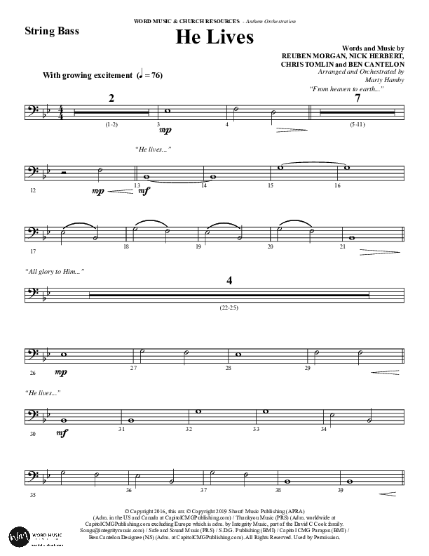He Lives (Choral Anthem SATB) String Bass (Word Music Choral / Arr. Marty Hamby)