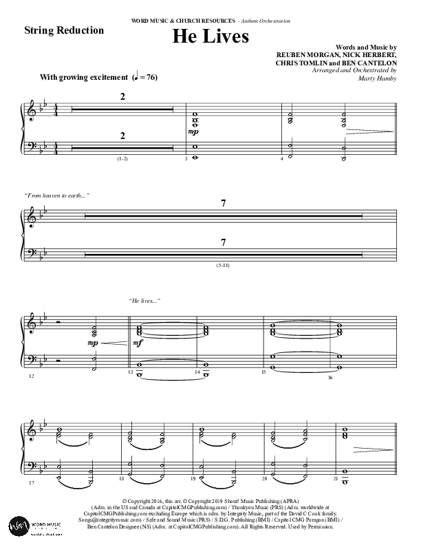 He Lives (Choral Anthem SATB) String Reduction (Word Music Choral / Arr. Marty Hamby)