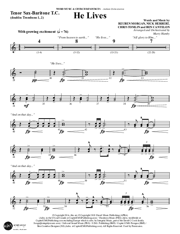 He Lives (Choral Anthem SATB) Tenor Sax/Baritone T.C. (Word Music Choral / Arr. Marty Hamby)