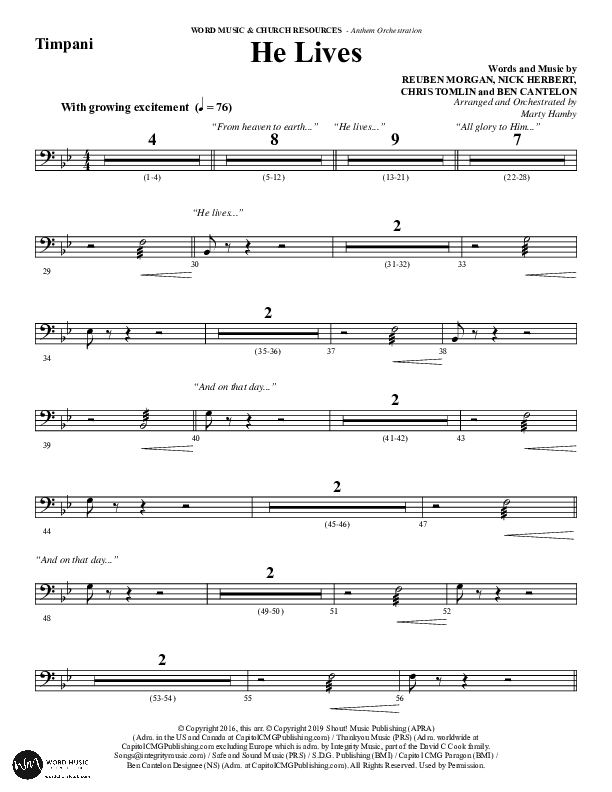 He Lives (Choral Anthem SATB) Timpani (Word Music Choral / Arr. Marty Hamby)