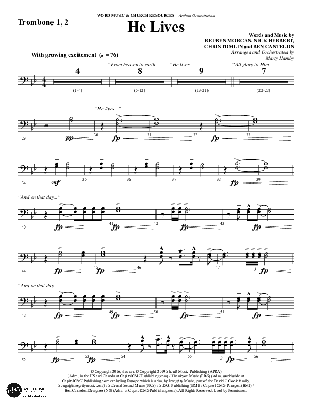 He Lives (Choral Anthem SATB) Trombone 1/2 (Word Music Choral / Arr. Marty Hamby)