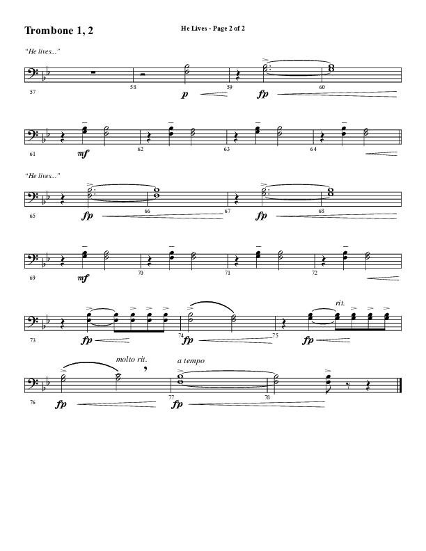 He Lives (Choral Anthem SATB) Trombone 1/2 (Word Music Choral / Arr. Marty Hamby)
