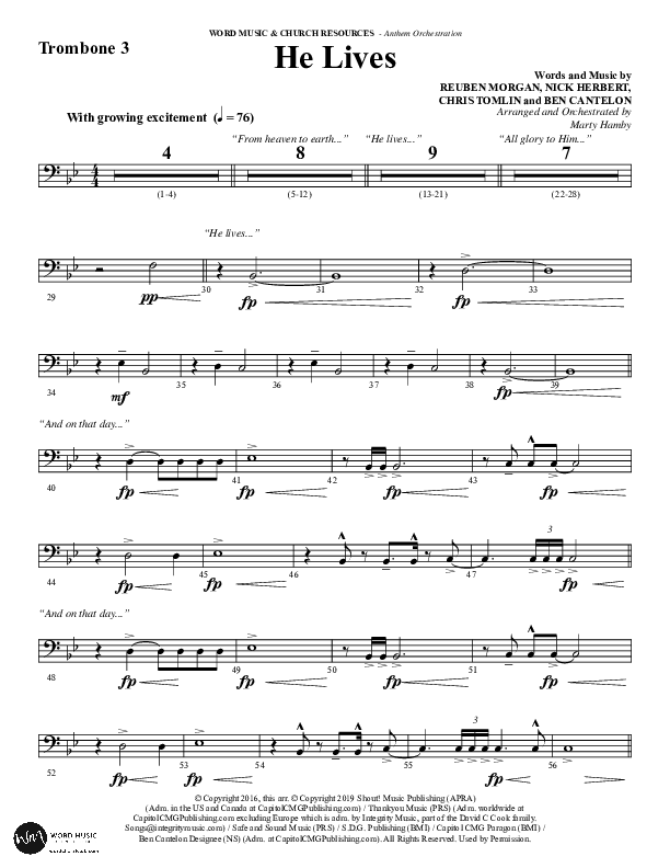 He Lives (Choral Anthem SATB) Trombone 3 (Word Music Choral / Arr. Marty Hamby)