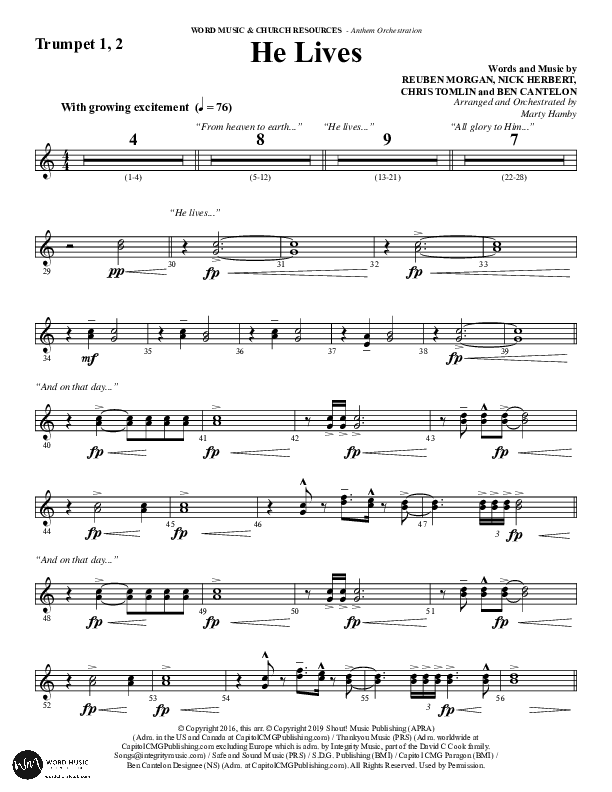 He Lives (Choral Anthem SATB) Trumpet 1,2 (Word Music Choral / Arr. Marty Hamby)