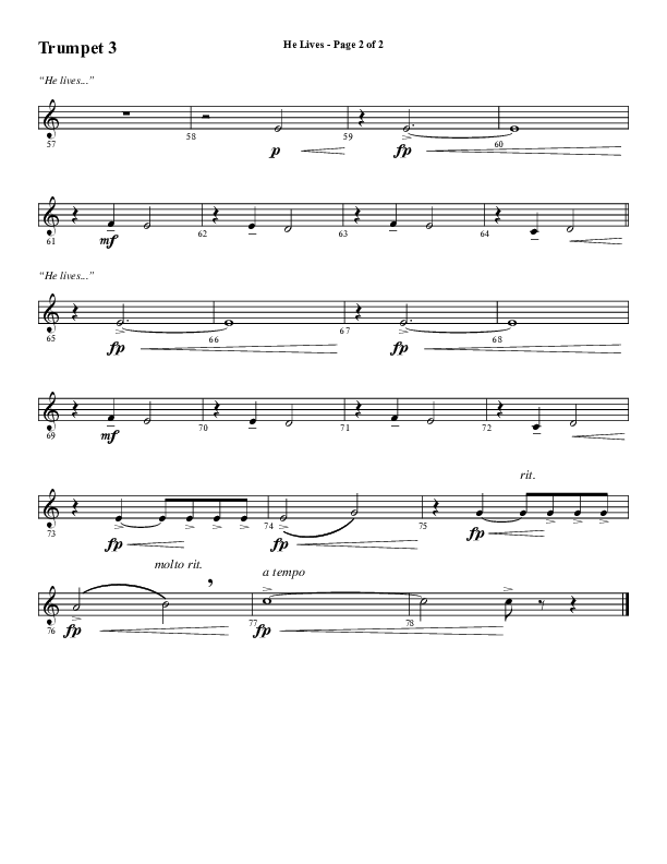 He Lives (Choral Anthem SATB) Trumpet 3 (Word Music Choral / Arr. Marty Hamby)