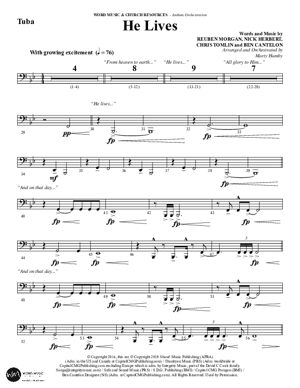 He Lives (Choral Anthem SATB) Tuba (Word Music Choral / Arr. Marty Hamby)