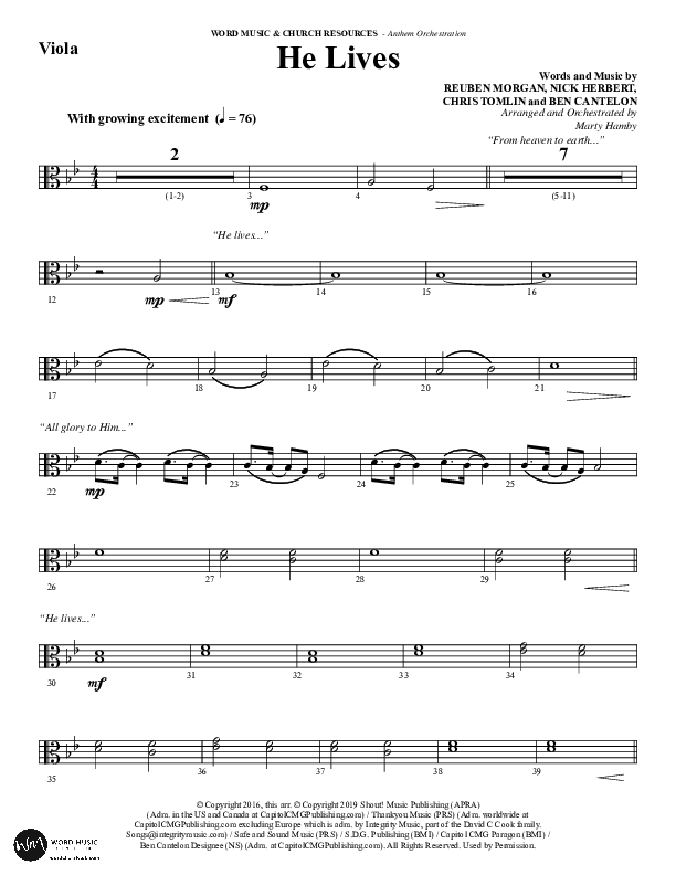 He Lives (Choral Anthem SATB) Viola (Word Music Choral / Arr. Marty Hamby)