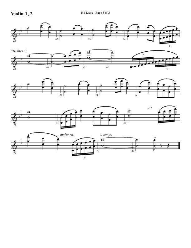 He Lives (Choral Anthem SATB) Violin 1/2 (Word Music Choral / Arr. Marty Hamby)