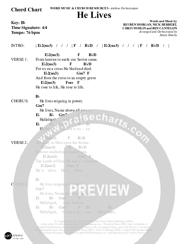 He Lives (Choral Anthem SATB) Chord Chart (Word Music Choral / Arr. Marty Hamby)
