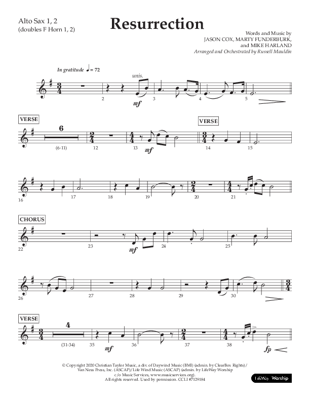 Resurrection (Choral Anthem SATB) Alto Sax 1/2 (Lifeway Choral / Arr. Russell Mauldin)