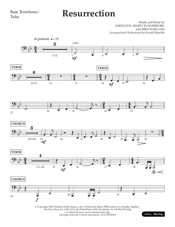 Resurrection (Choral Anthem SATB) Bass Trombone, Tuba (Lifeway Choral / Arr. Russell Mauldin)