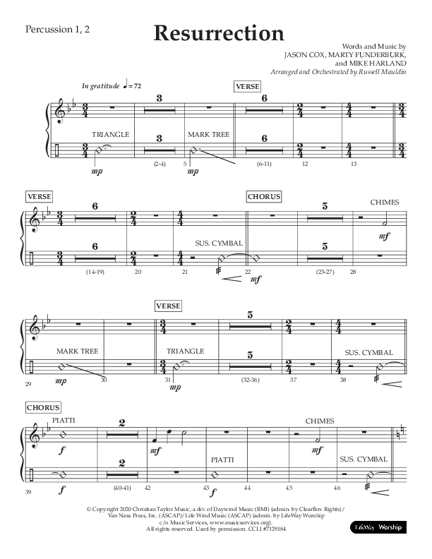 Resurrection (Choral Anthem SATB) Percussion 1/2 (Lifeway Choral / Arr. Russell Mauldin)
