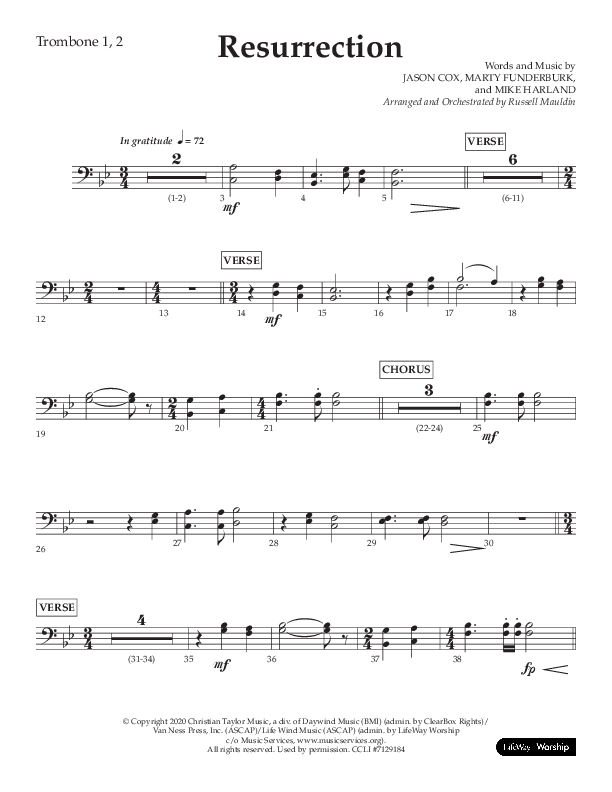 Resurrection (Choral Anthem SATB) Trombone 1/2 (Lifeway Choral / Arr. Russell Mauldin)