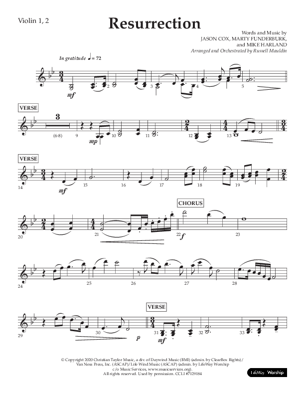 Resurrection (Choral Anthem SATB) Violin 1/2 (Lifeway Choral / Arr. Russell Mauldin)