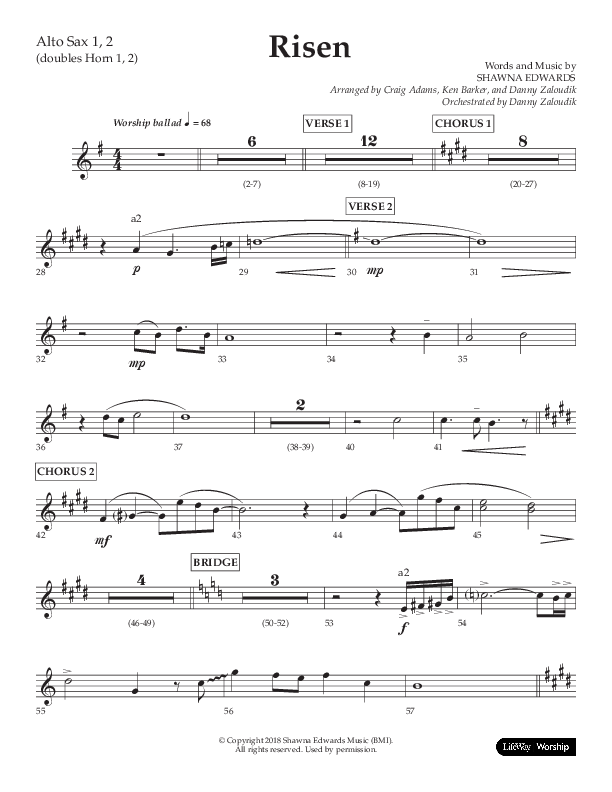 Risen (Choral Anthem SATB) Alto Sax 1/2 (Lifeway Choral / Arr. Craig Adams / Arr. Ken Barker / Arr. Danny Zaloudik)