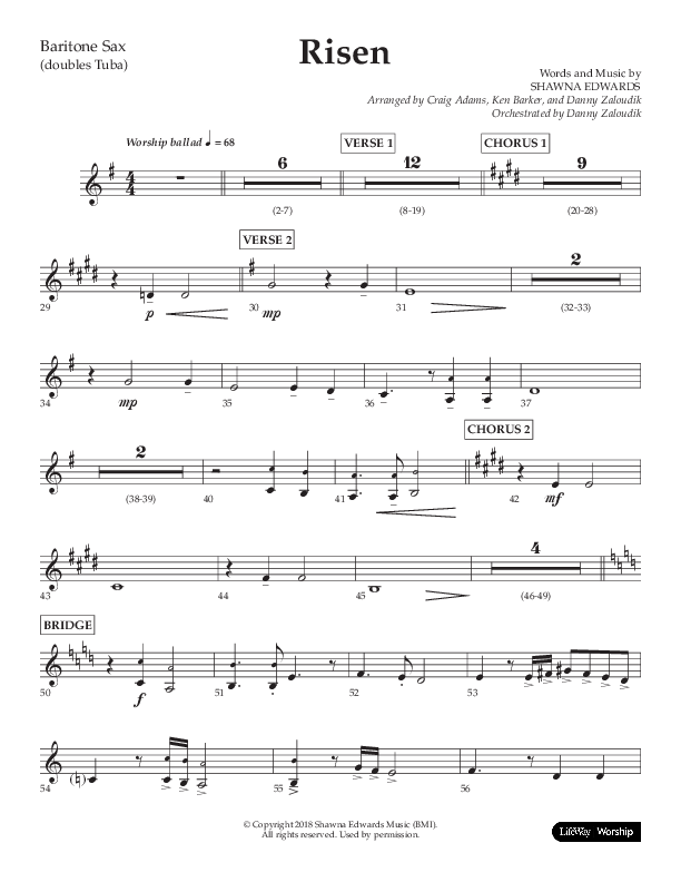 Risen (Choral Anthem SATB) Bari Sax (Lifeway Choral / Arr. Craig Adams / Arr. Ken Barker / Arr. Danny Zaloudik)