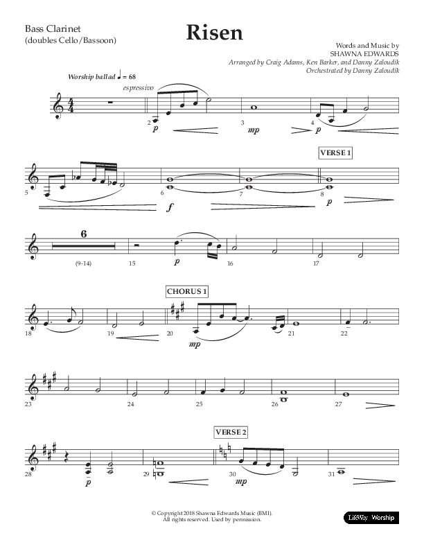 Risen (Choral Anthem SATB) Bass Clarinet (Lifeway Choral / Arr. Craig Adams / Arr. Ken Barker / Arr. Danny Zaloudik)