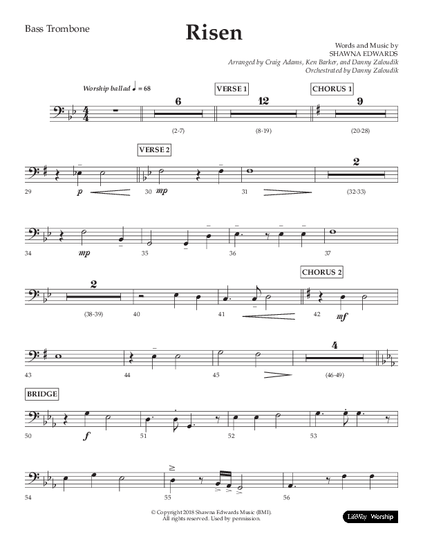 Risen (Choral Anthem SATB) Bass Trombone (Lifeway Choral / Arr. Craig Adams / Arr. Ken Barker / Arr. Danny Zaloudik)