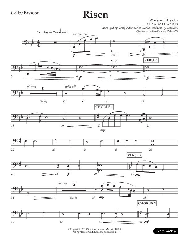 Risen (Choral Anthem SATB) Cello (Lifeway Choral / Arr. Craig Adams / Arr. Ken Barker / Arr. Danny Zaloudik)