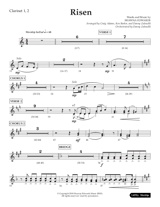 Risen (Choral Anthem SATB) Clarinet 1/2 (Lifeway Choral / Arr. Craig Adams / Arr. Ken Barker / Arr. Danny Zaloudik)