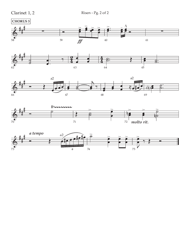 Risen (Choral Anthem SATB) Clarinet 1/2 (Lifeway Choral / Arr. Craig Adams / Arr. Ken Barker / Arr. Danny Zaloudik)