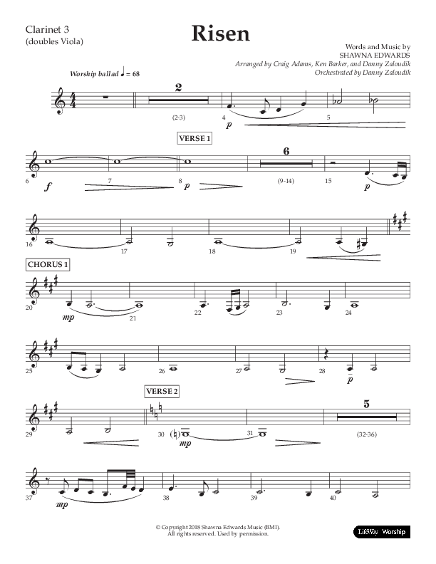 Risen (Choral Anthem SATB) Clarinet 3 (Lifeway Choral / Arr. Craig Adams / Arr. Ken Barker / Arr. Danny Zaloudik)