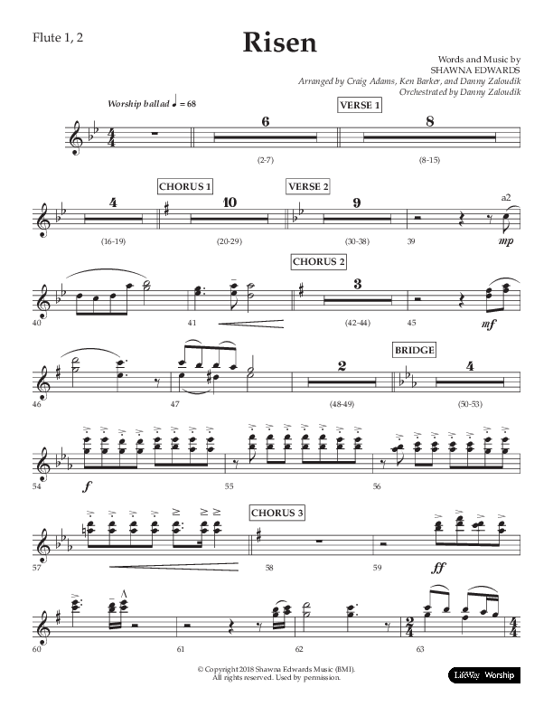 Risen (Choral Anthem SATB) Flute 1/2 (Lifeway Choral / Arr. Craig Adams / Arr. Ken Barker / Arr. Danny Zaloudik)