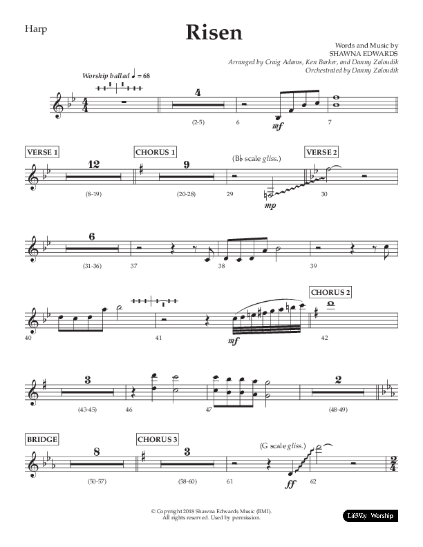 Risen (Choral Anthem SATB) Harp (Lifeway Choral / Arr. Craig Adams / Arr. Ken Barker / Arr. Danny Zaloudik)