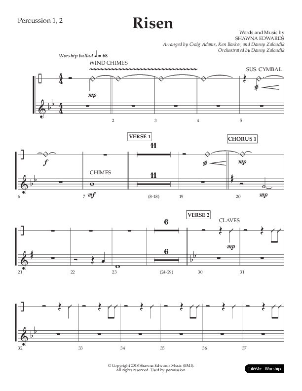 Risen (Choral Anthem SATB) Percussion 1/2 (Lifeway Choral / Arr. Craig Adams / Arr. Ken Barker / Arr. Danny Zaloudik)