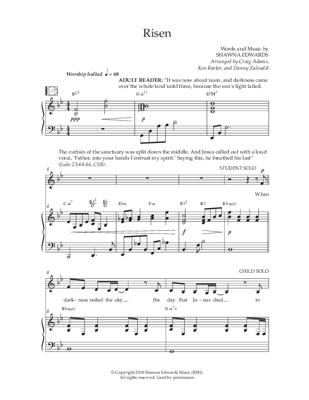 Risen (Choral Anthem SATB) Anthem (SATB/Piano) (Lifeway Choral / Arr. Craig Adams / Arr. Ken Barker / Arr. Danny Zaloudik)